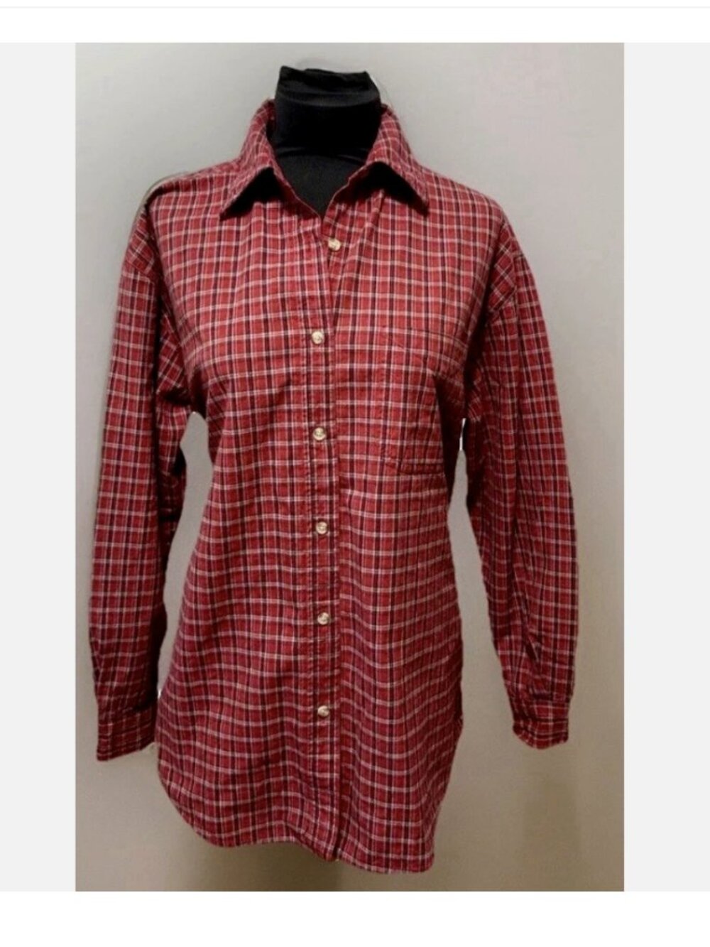Womens Red Plaid Button Up Shirt XL Long Sleeve Cotton Classic Relaxed Fit